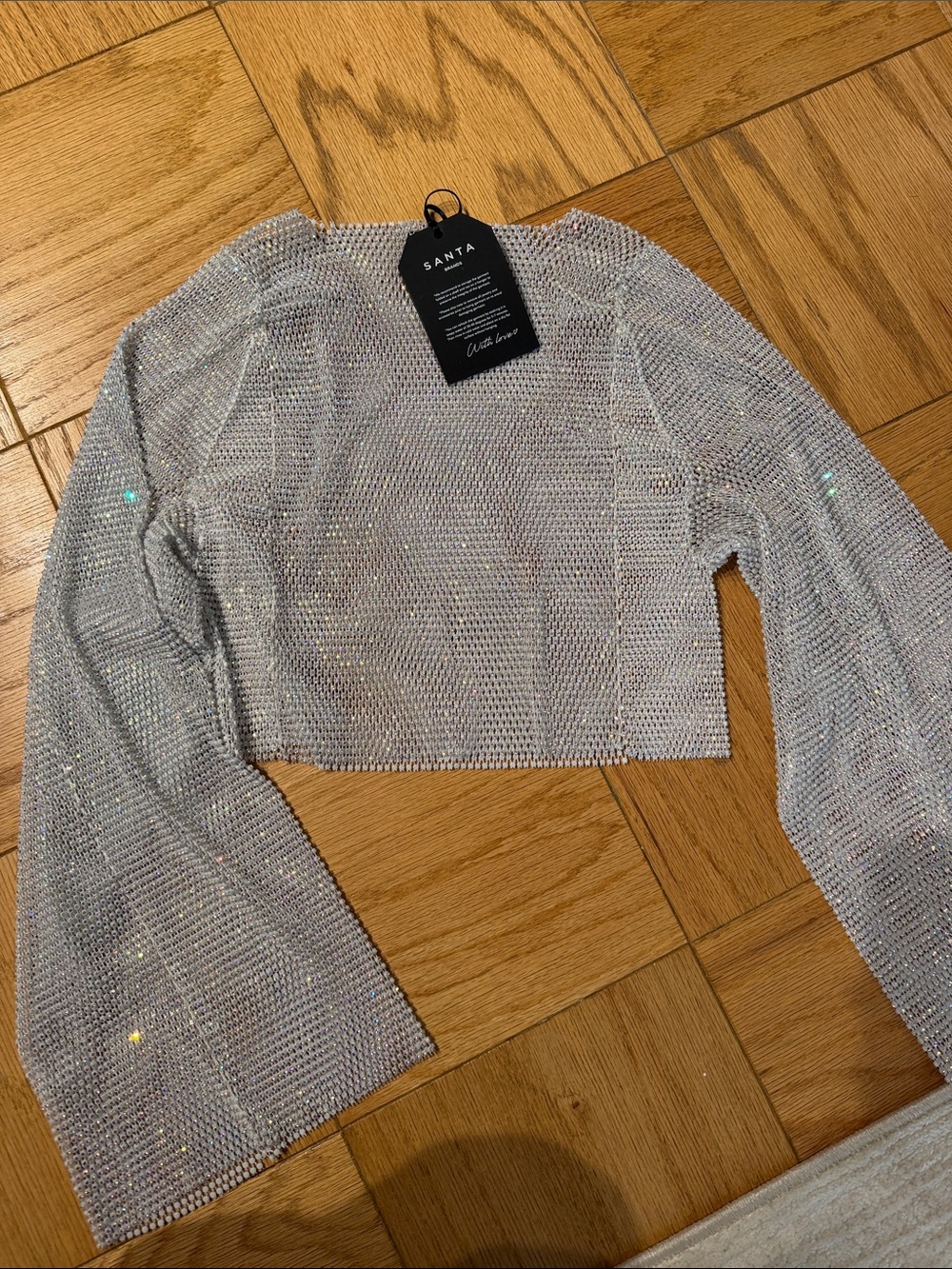 Santa Branda Silver Rhinestone Cropped Long-Sleeve Top